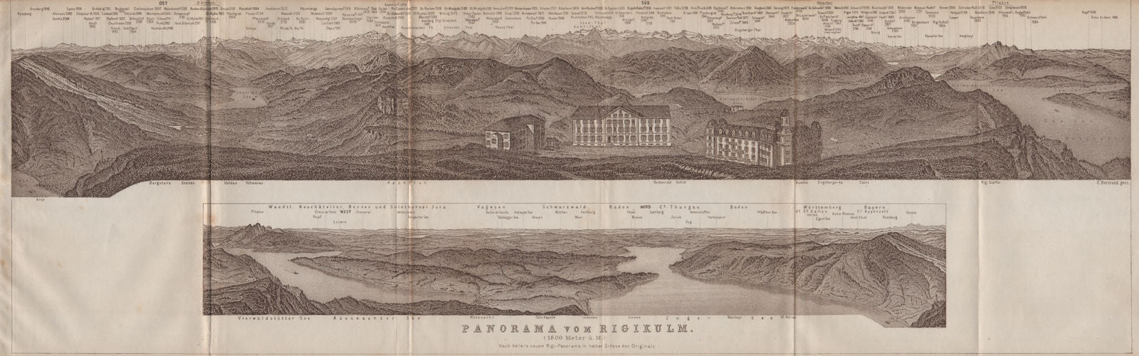 PANORAMA from/von RIGIKULM 1800m. Küssnacht. Switzerland Schweiz 1913 old map